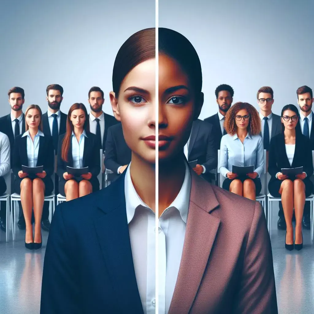 Workplace: A split image. One side shows a diverse group of candidates interviewing, the other a single candidate chosen who looks very similar to the interviewers.