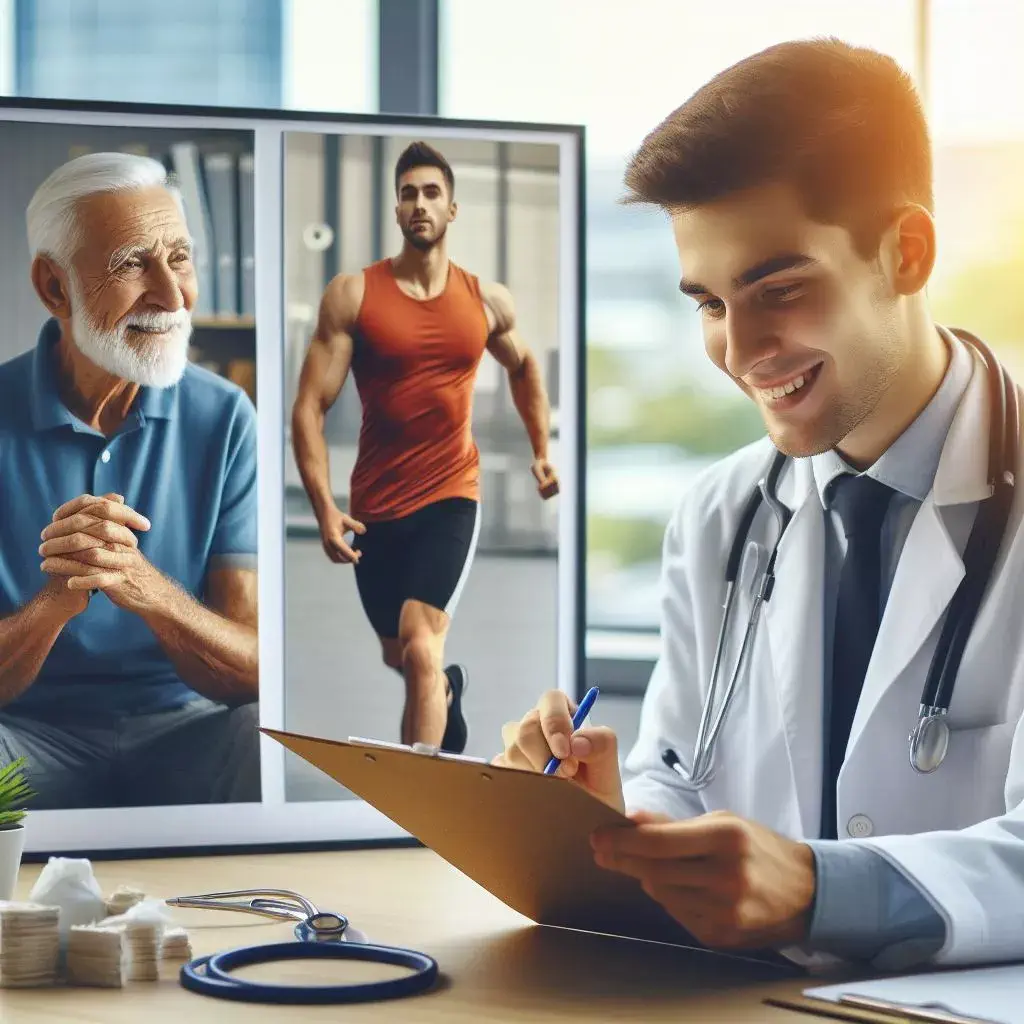 Healthcare: A doctor reviewing two patient files. One patient file has a picture of a young, athletic person, the other an older person.