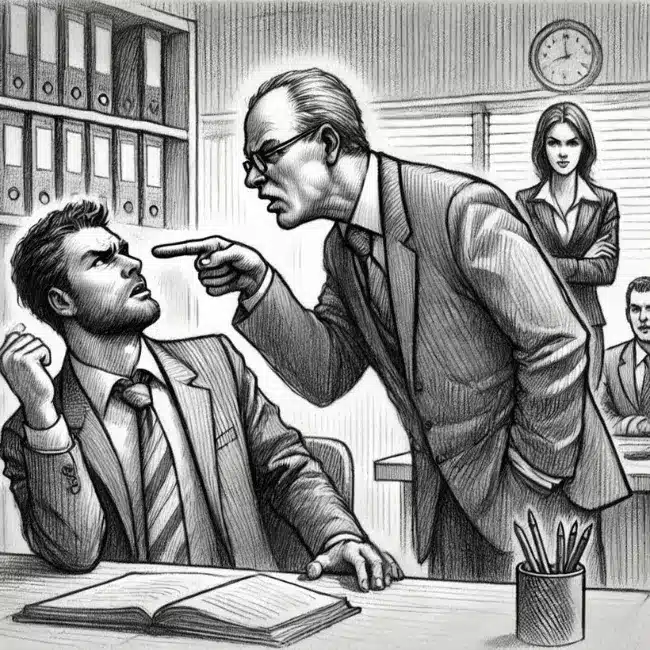 Pencil sketch of a boss making an unwelcome advance towards an employee in a workplace setting