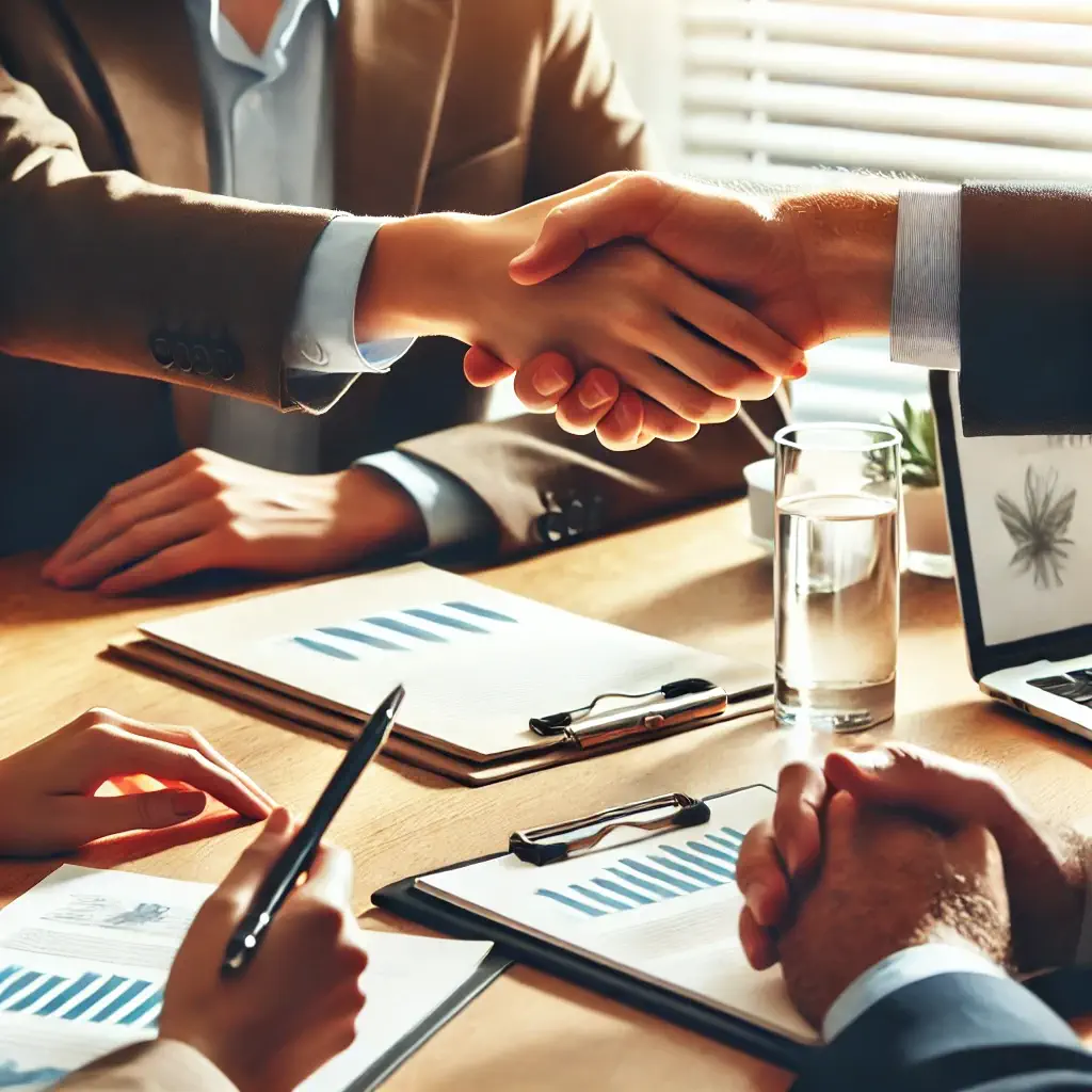 Two people shaking hands in a business meeting setting