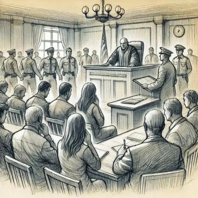 Pencil sketch of a courtroom scene depicting a harassment case trial