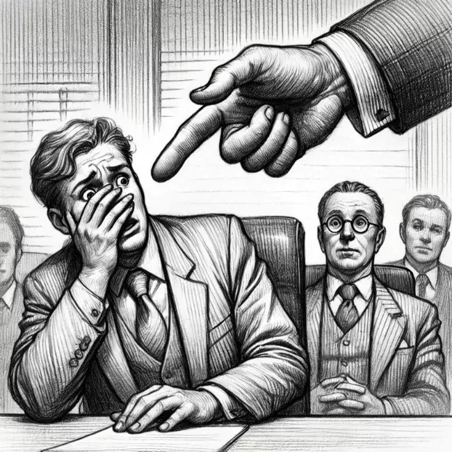 Pencil sketch of a boardroom with an employee looking uncomfortable while a boss makes a suggestive gesture