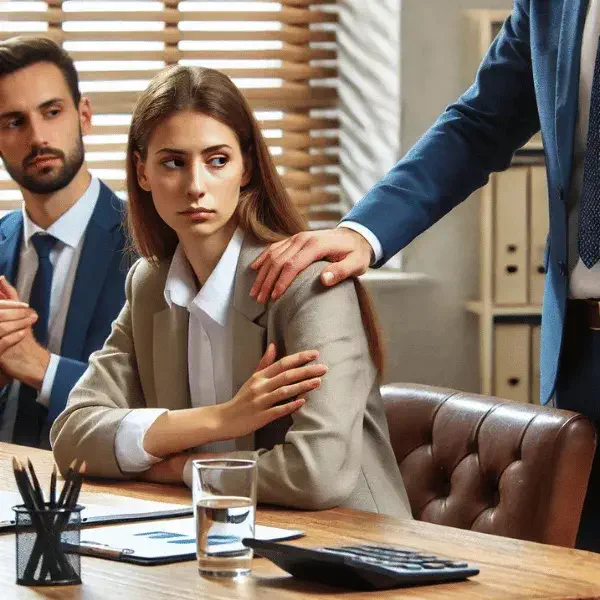 A business meeting where one participant looks uncomfortable as a supervisor places a hand on their shoulder, illustrating unwanted physical contact