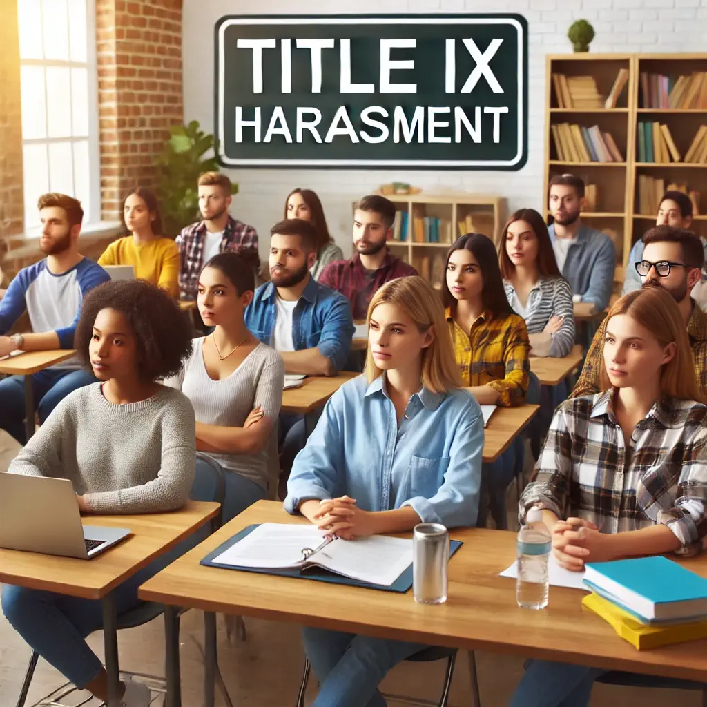 A diverse group of students attending a Title IX training session in a classroom, learning about their rights and resources related to harassment