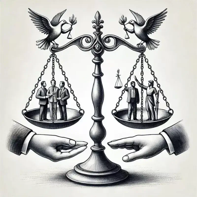 A pencil sketch illustrating the concept of quid pro quo with a balanced scale showing mutual exchange
