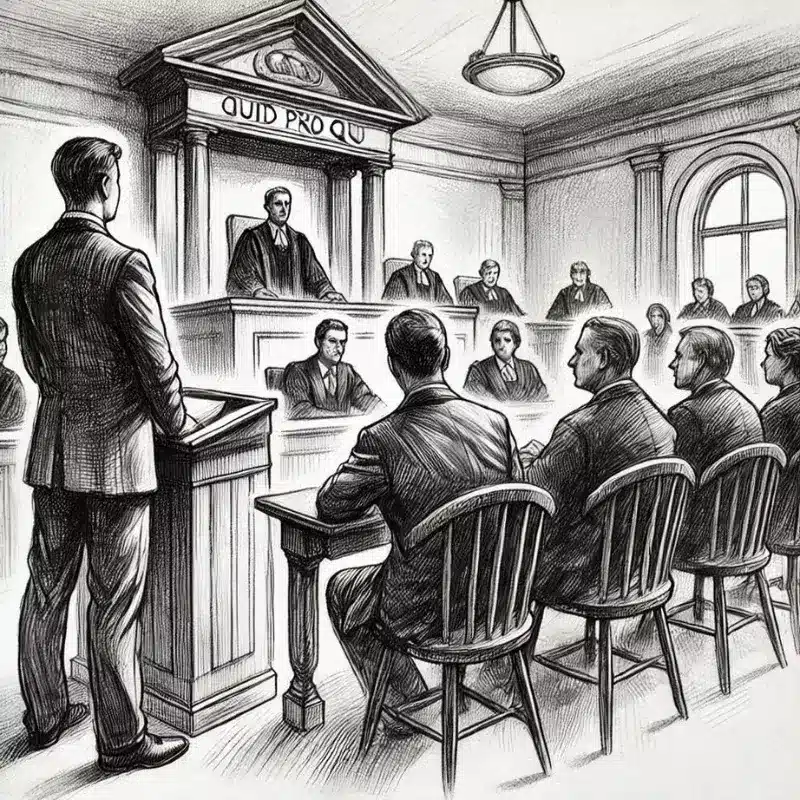A pencil sketch of a courtroom scene, representing notable legal cases involving quid pro quo