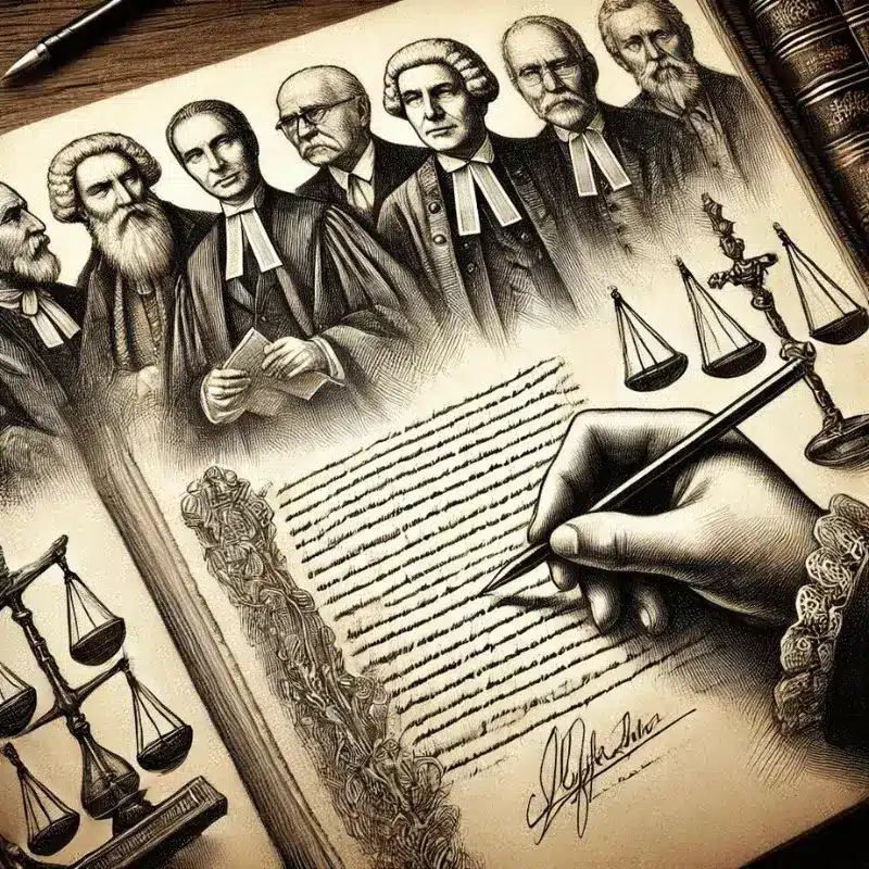 A pencil sketch of historical legal documents being signed, representing the evolution of legal frameworks