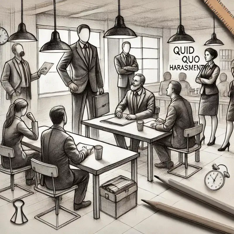 A pencil sketch showing a workplace setting with figures representing quid pro quo harassment
