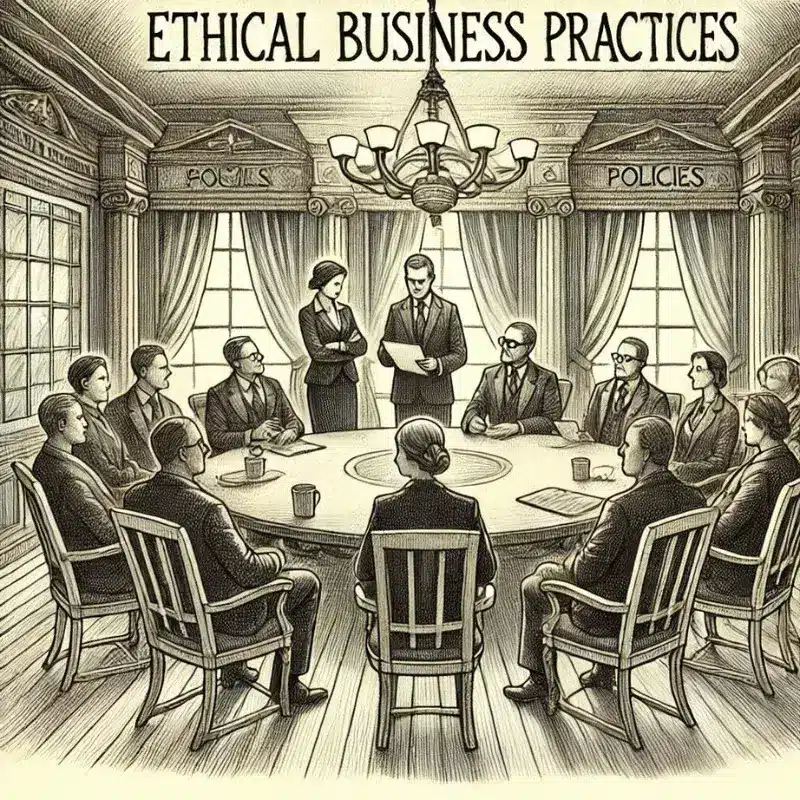 A pencil sketch showing ethical business practices, with figures in a boardroom setting discussing policies