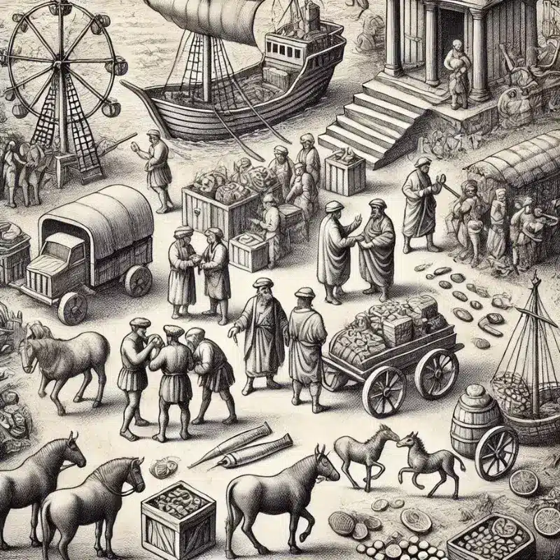 A pencil sketch showing historical trade and barter systems as the origin of quid pro quo