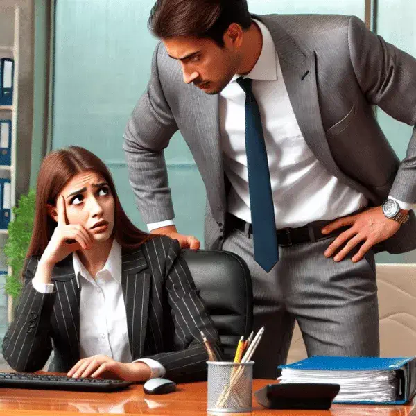 A professional office setting where an employee appears uncomfortable as a supervisor stands too close, looking imposing