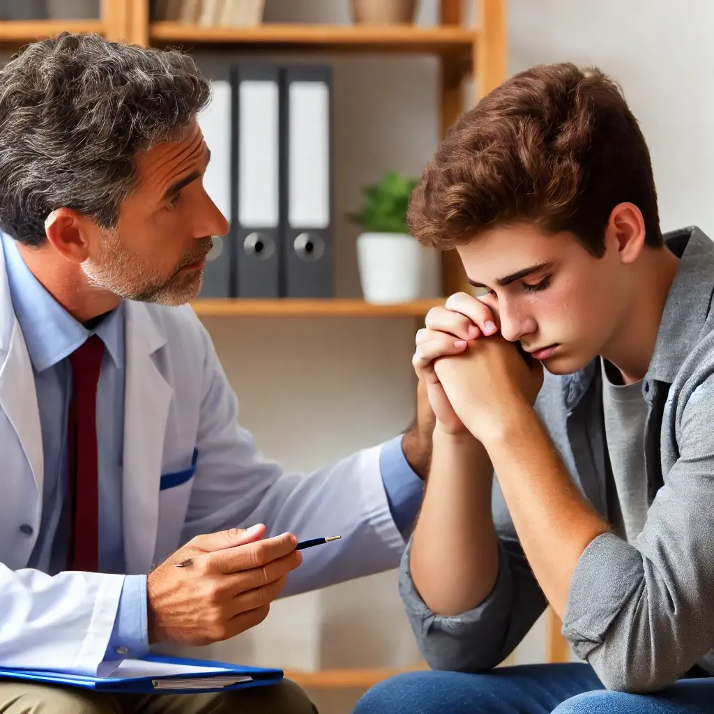 A school counselor speaking to a distressed student in an office, showing support and addressing harassment issues