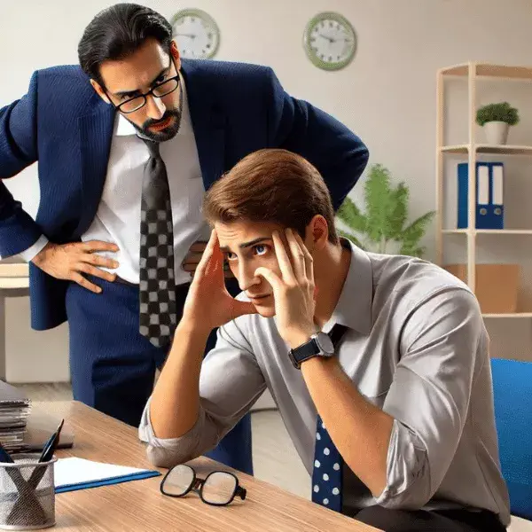 An employee sitting at their desk looking distressed while a supervisor stands over them with a stern expression, indicating pressure and intimidation