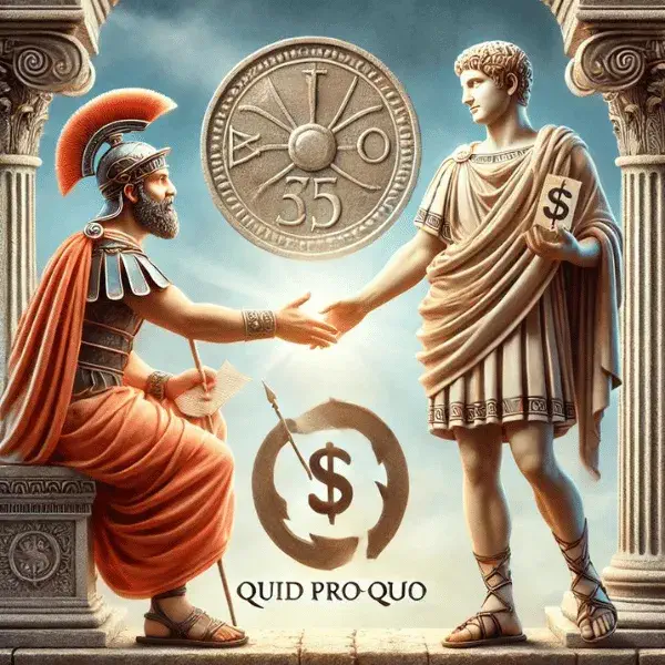 An image showing an ancient Roman patron and client exchanging services, symbolizing the historical origins of quid pro quo