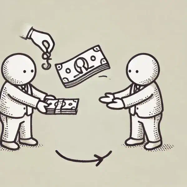 Two people exchanging items, symbolizing a quid pro quo contribution, where one person hands over money and the other hands over a favor